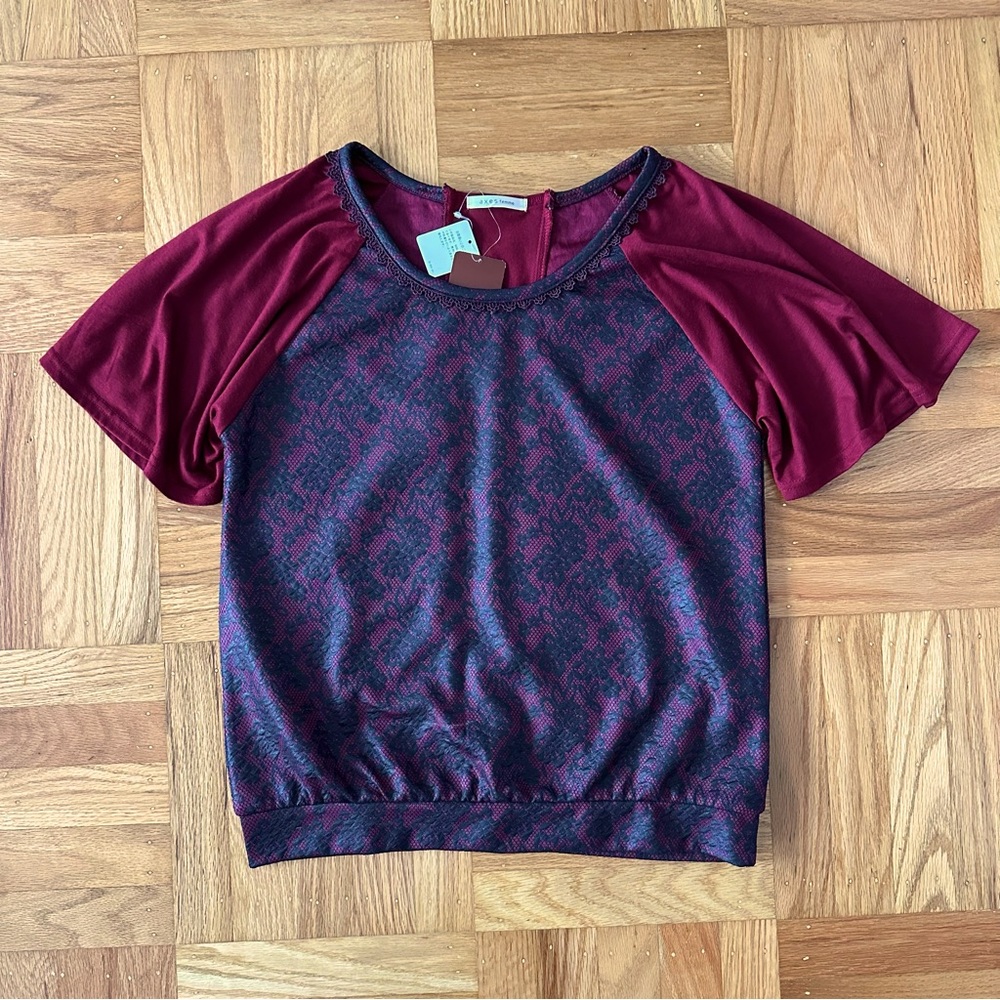 Burgundy and Navy Short Sleeve Top with lace-up back detail